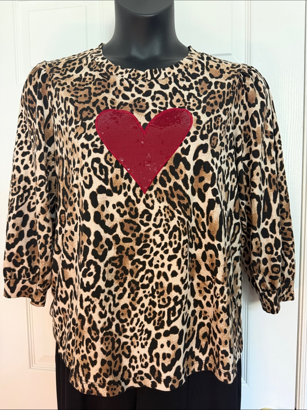 Chico's Leopard Print Top with Red Sequin Heart